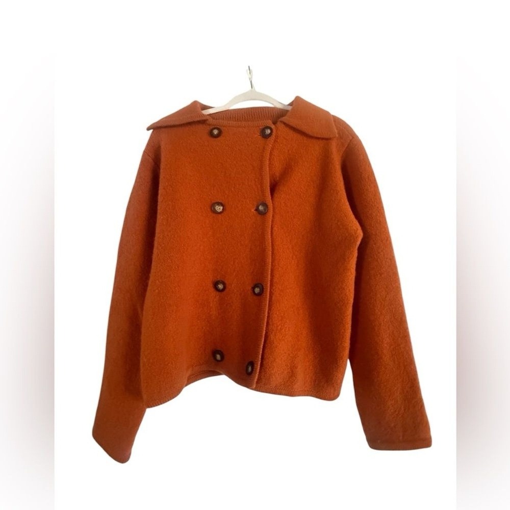 The J. Peterman Company 100% Wool double breasted jacket Medium Tangerine money - Picture 2 of 7